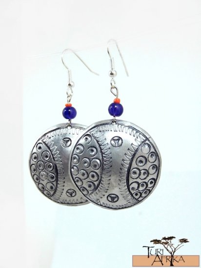 Product ID: 145 Etched Medium Aluminum Disk Earrings W Blue Glass and Red Bead