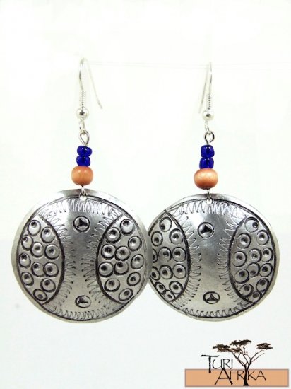 Product ID: 147 Etched Medium Aluminum Disk Earrings W 2 small Blue and 1 Medium Wooden Bead