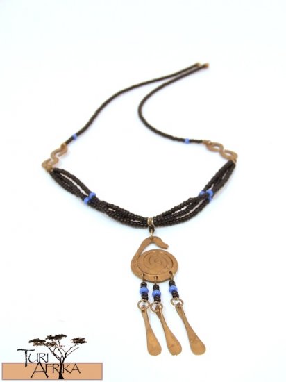 Product ID: 173 Small Brass Swirl Necklace W/ Brass hanging and Blue and Black Beads