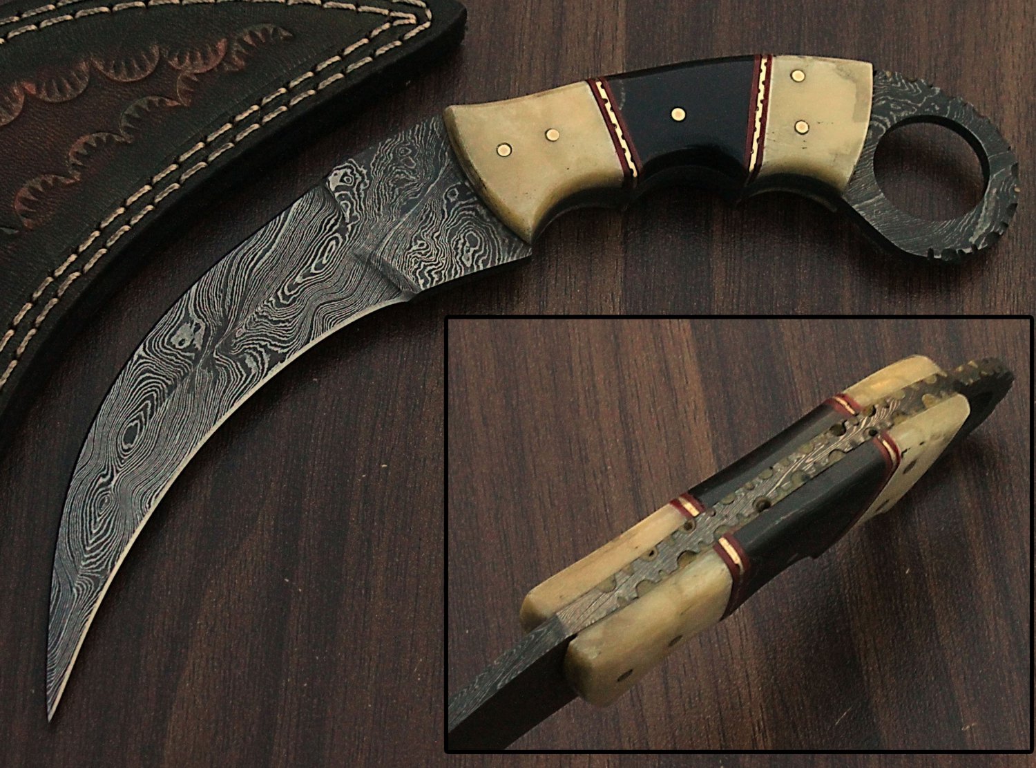 Handmade Damascus Karambit Original Camel Bone Buffalo Horn Handle