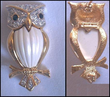 D'Orlan Gold Enamel/Swarovski Owl on a Branch Brooch