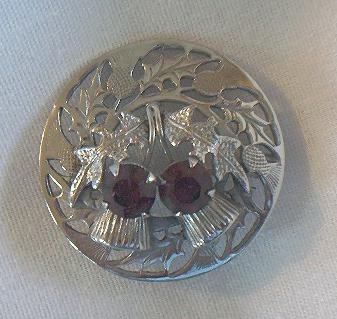 MIZPAH THISTLE BROOCH WITH AMETHYST COLORED RHINESTONES