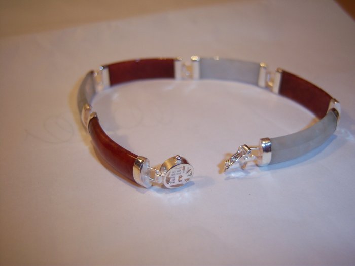 Red & White Jade .925 Sterling Silver Bracelet