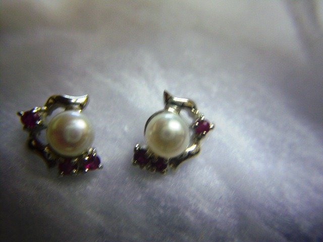 Platinum Over Sterling Ruby & Pearl Earrings. (Click photo for Euro price).