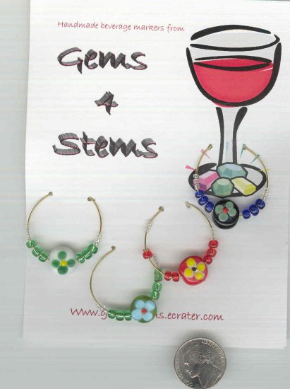 Flowered Wine Charm Charms Markers : Blue, Red, White, Green