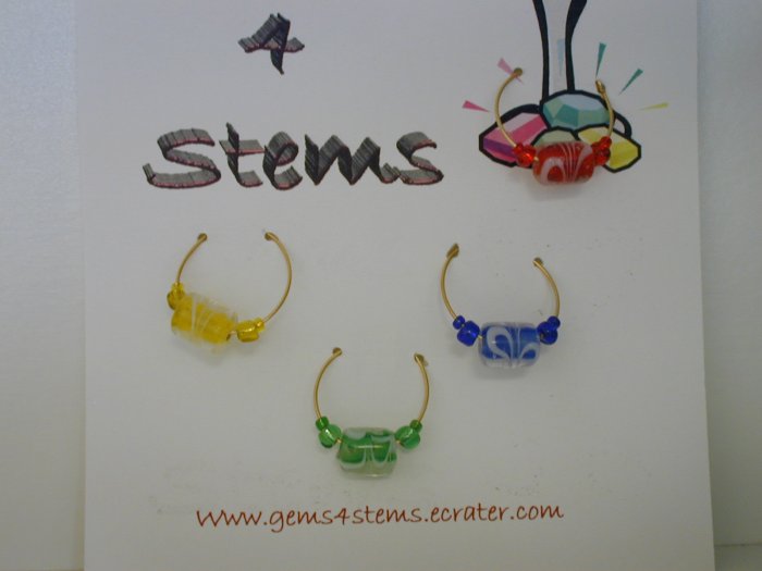 4 Swirling Glass Wine Charm Charms- Red, Yellow, Blue and Green