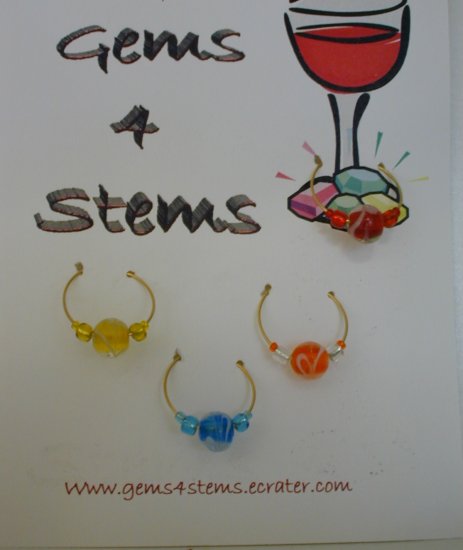 4 Swirling Glass Wine Charm Charms- Teal, Red, Orange and Yellow