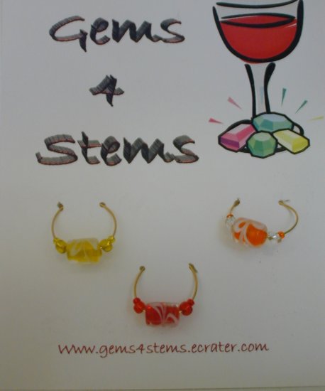 3 Swirling Glass Wine Charm Charms- Red, Orange and Yellow