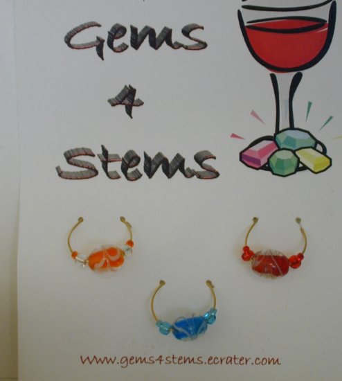 3 Swirling Glass Wine Charm Charms- Teal, Red, Orange