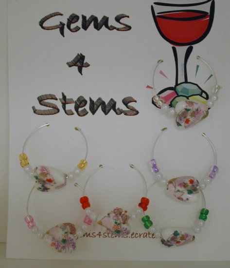 6 Purple Flowered Porcelain Heart Wine Glass Charm Charms Markers