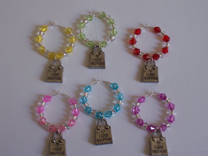I Love Shopping 6 Wine Glass Beverage Charms Markers
