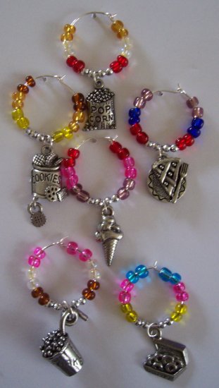 6 Snack Food Wine Glass Charms Beverage Marker
