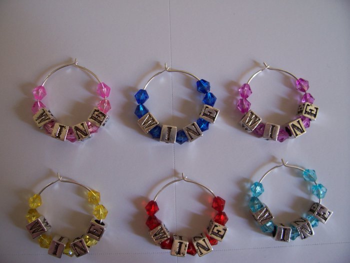 Set of 6 WINE Wine Glass Charms Beverage Markers