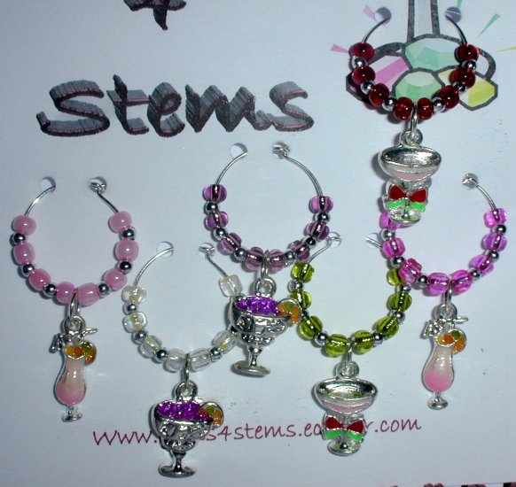6 Cocktail Beverage Wine Glass Charms Marker
