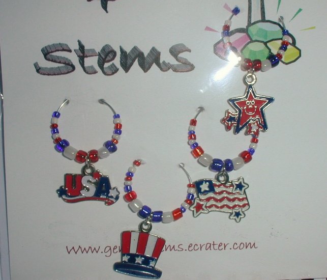 SEt of 4 Patriotic Wine Glass Charms Beverage Markers
