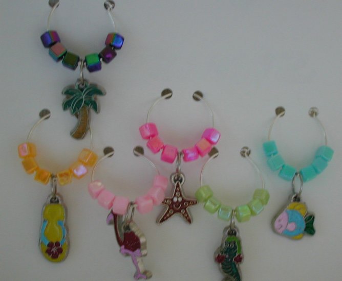 Set of 6 Life's a Beach Wine Glass Charms Beverage Markers