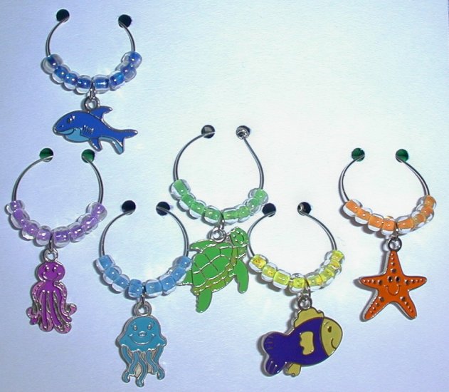 Set of 6 Under the Sea Wine Glass Charms Beverage Markers