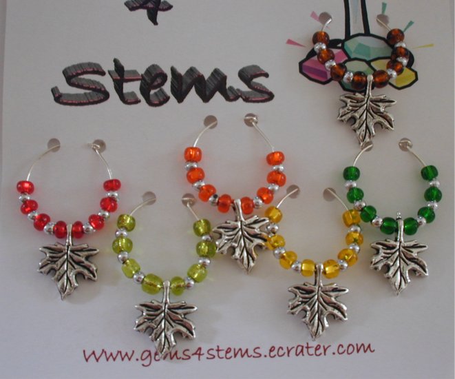 Set of 6 Fall Leaves Wine Glass Charms- You Pick Your Colors