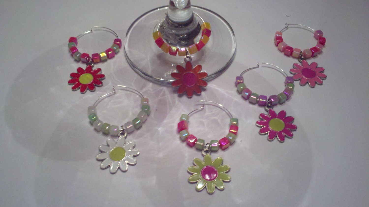 Crazy Daisy 6 Wine Glass Charms Beverage Markers