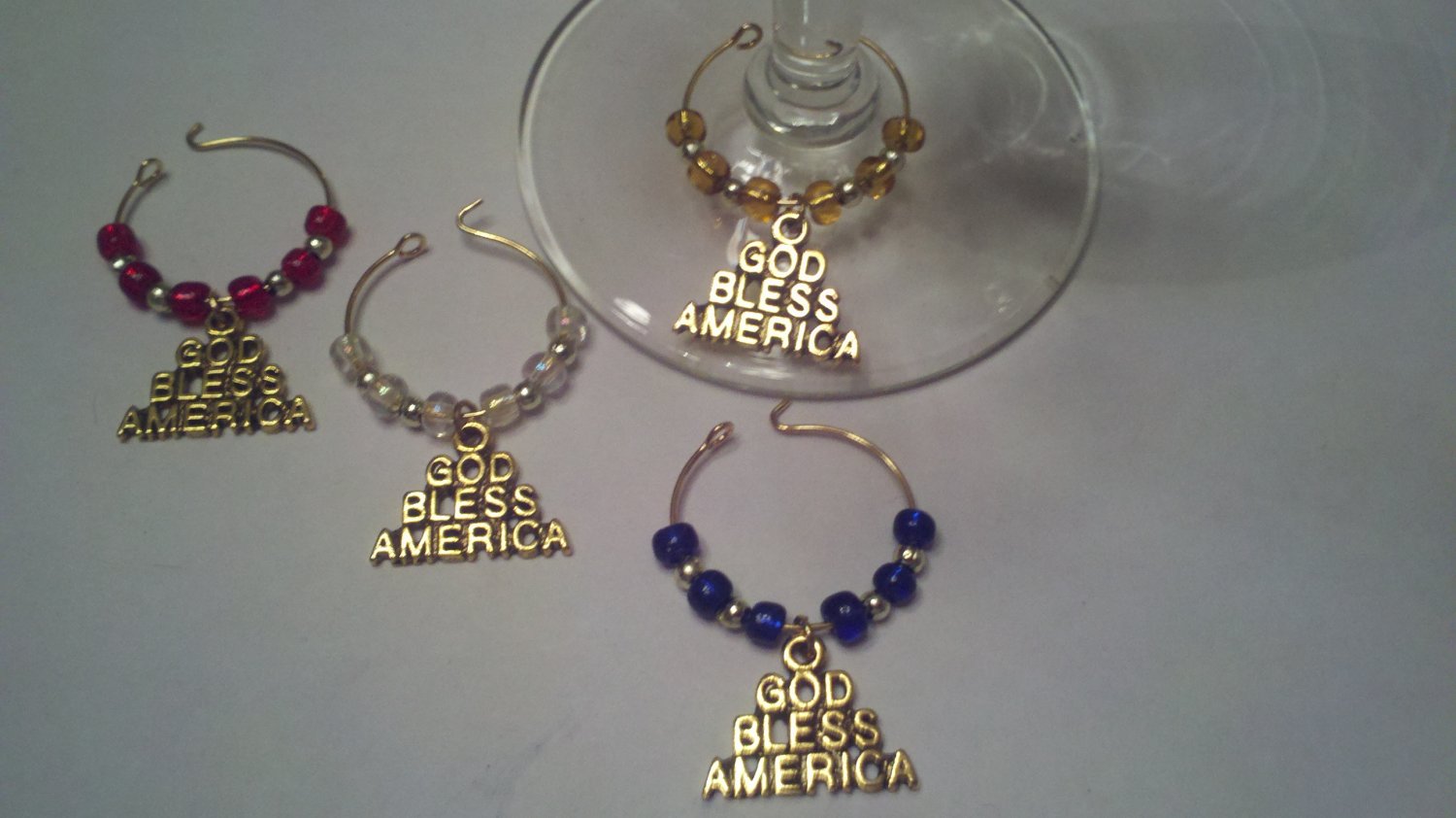 God Bless America Gold Tone Wine Glass Charms Beverage Markers