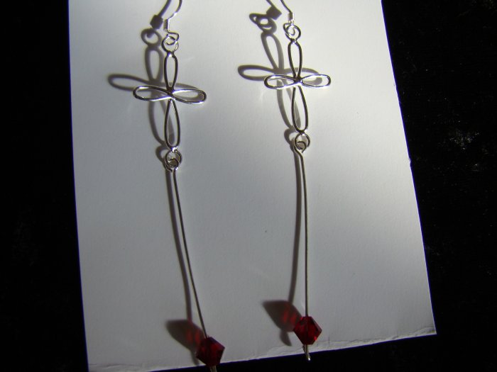 red crystal cross dangle earrings