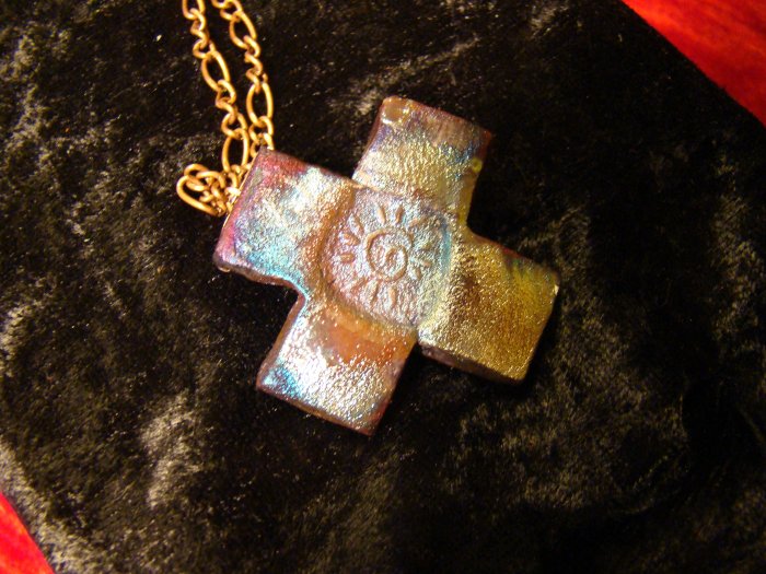raku cross pendant on copper chain