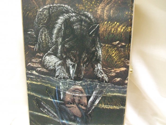 Wooden Box With A Wolf Peering Into The Water With An Indian Woman Reflection