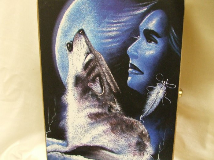 Wooden Box With A Wolf And An Indian Woman