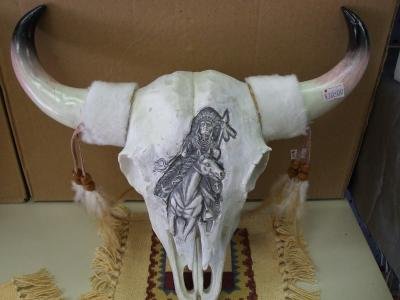 Resin Skull with Indian on a Horse Design