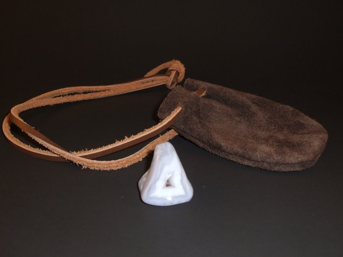Suede Medicine Pouch with Piece of Tumbled Blue Lace Agate