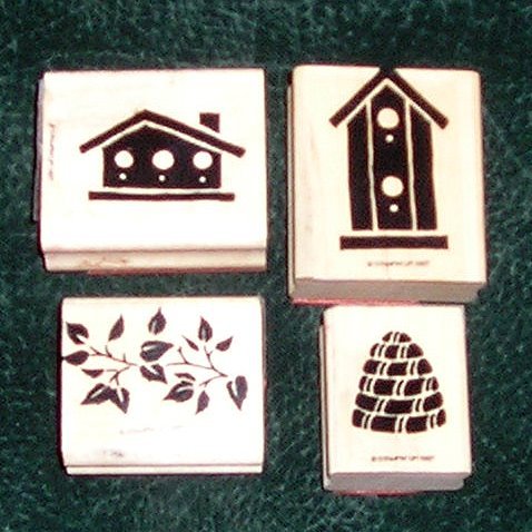 4 Rubber Stamps Mounted On Wood Birdhouses Beehive & Leaves Stampin' Up! 1997 Retired Rare