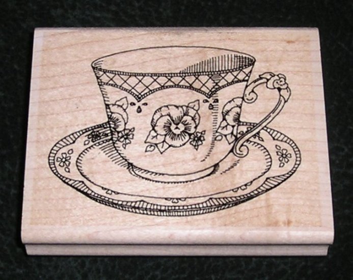Rubber Stamp Mounted On Wood Tea Cup With Saucer English Style
