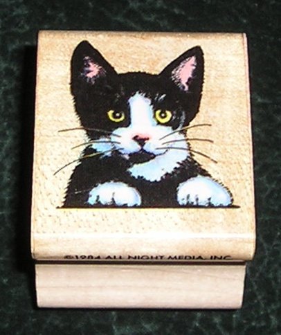 Rubber Stamp Mounted On Wood Cat Lucky By All Night Media #226D From 1984