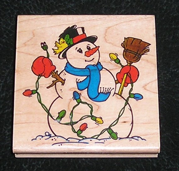 Rubber Stamp Mounted On Wood Jumbo Snowman & Lights By Impressive Stamps #H2629