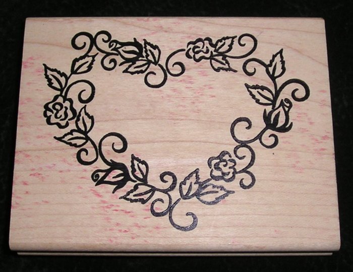 Large Rubber Stamp Mounted On Wood Heart Shaped Roses By Denami Design