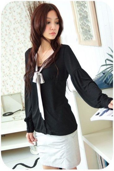 EYC1512 Ladies Blouse with Ribbon - Black