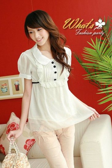 JK6053b Sweet Chiffon Blouse with Ribbon - White/Grey