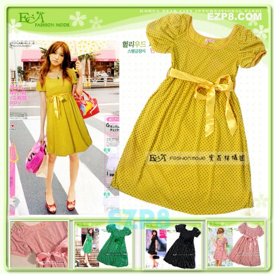 Hot Sales ECA_ 7T-006 Yellow doty Dress with Ribbon