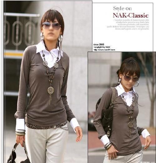 E2218 Long Sleeve Fake 2 piece blouse - Brown