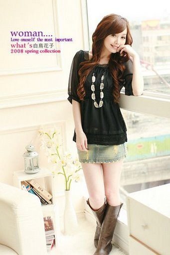 YC3128 Chiffon BLouse with lace trimming - Black