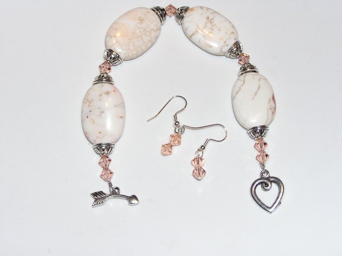 Wild Mustang White Turquoise and Peach Swarovski Crystal Bracelet and earrings