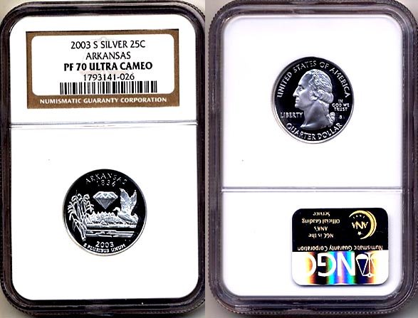 Silver 2003 S Arkansas State 25ct * NGC PF 70 UCAM * 70 FREE SHIPPING