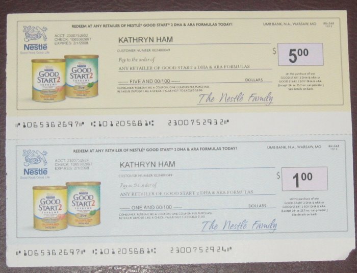 Nestle Good Start 2 Formula Checks $6 - Envelope of Coupons