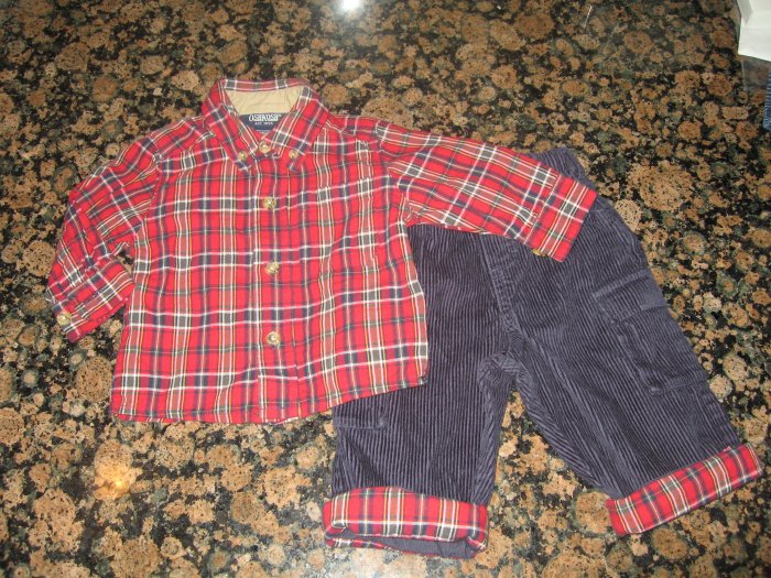 OSH KOSH Adorable 6 - 9 month boy's Christmas Outfit! L/S Tartan Plaid with Black Corduroy Pants set