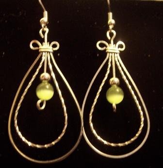 Double Loop Earrings with Peridot Cats eye Beads