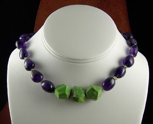 Bold amethyst, faceted peridot rondells and apple green turquoise necklace