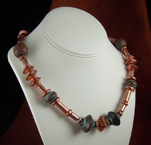 Trendy Bohemian style Necklace. Copper clad and bronzy beads.PegM