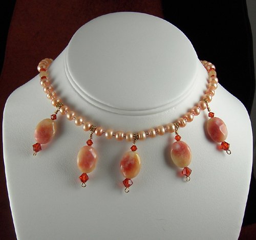 Creamsicle orange fresh water pearl necklace with candy jade drops