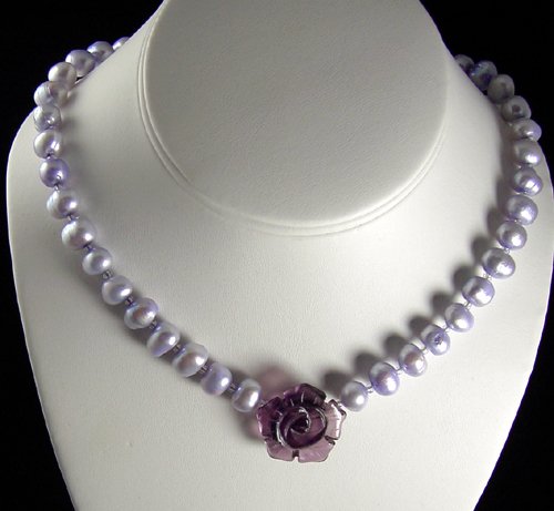 Plump Lavender pearl necklace with a glass rose focal. PegM