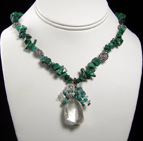 MALACHITE CHIPS, PEWTER BEADS CRYSTAL QUARTZ PENDANT NECKLACE